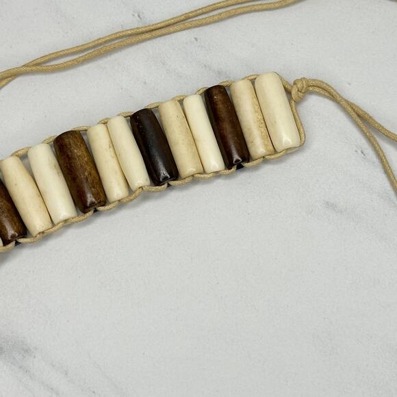 Wood Beaded Tie Belt Brown Cream Boho Statement Belt Medium (M) ✨ - Picture 12 of 14